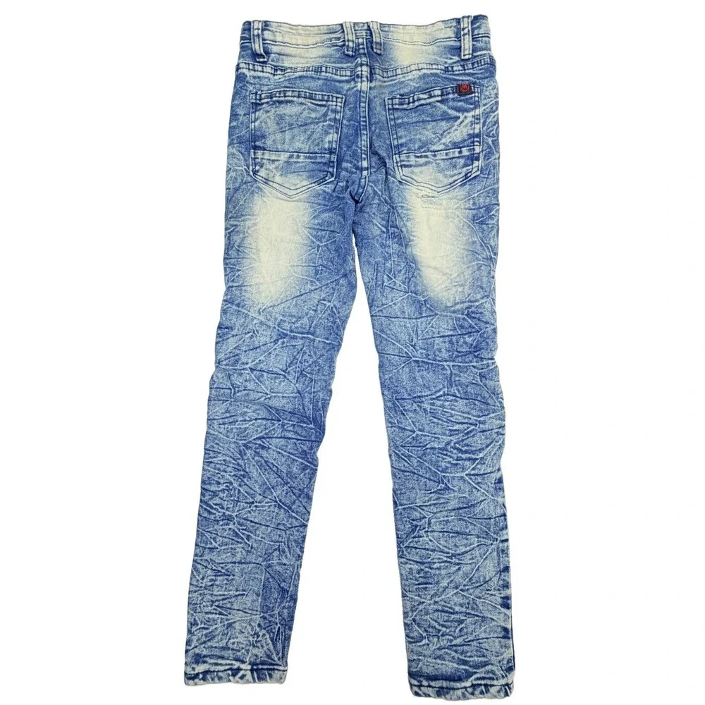 Mecca Stretch Fit Moto Jeans Youth Boys Size 10 Blue Acid Wash Distressed